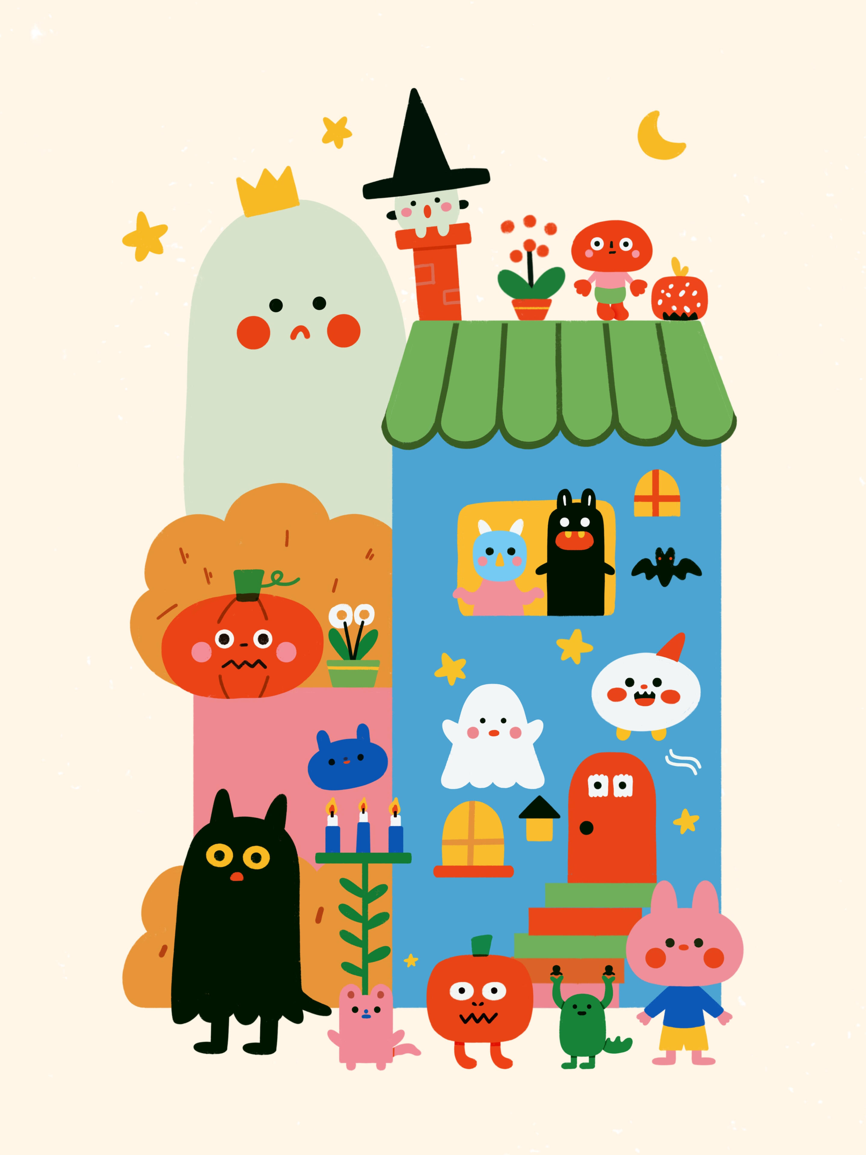 Home is where the weird is A colorful vertical retro Halloween illustration of a blue house with smiling monsters in windows, a giant crowned ghost, pumpkins, and a black cat figure in a mid-century flat graphic style by Prudence Moth Studio.