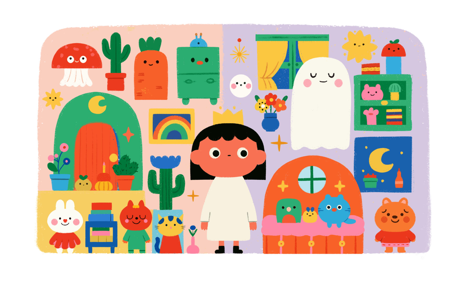 A dreamy, colorful nursery scene against pink, lavender, and yellow walls. A dark-haired girl in a white nightgown and gold crown stands at the center, surrounded by cheerful characters,ghosts and toys by Prudence Moth Studio.
