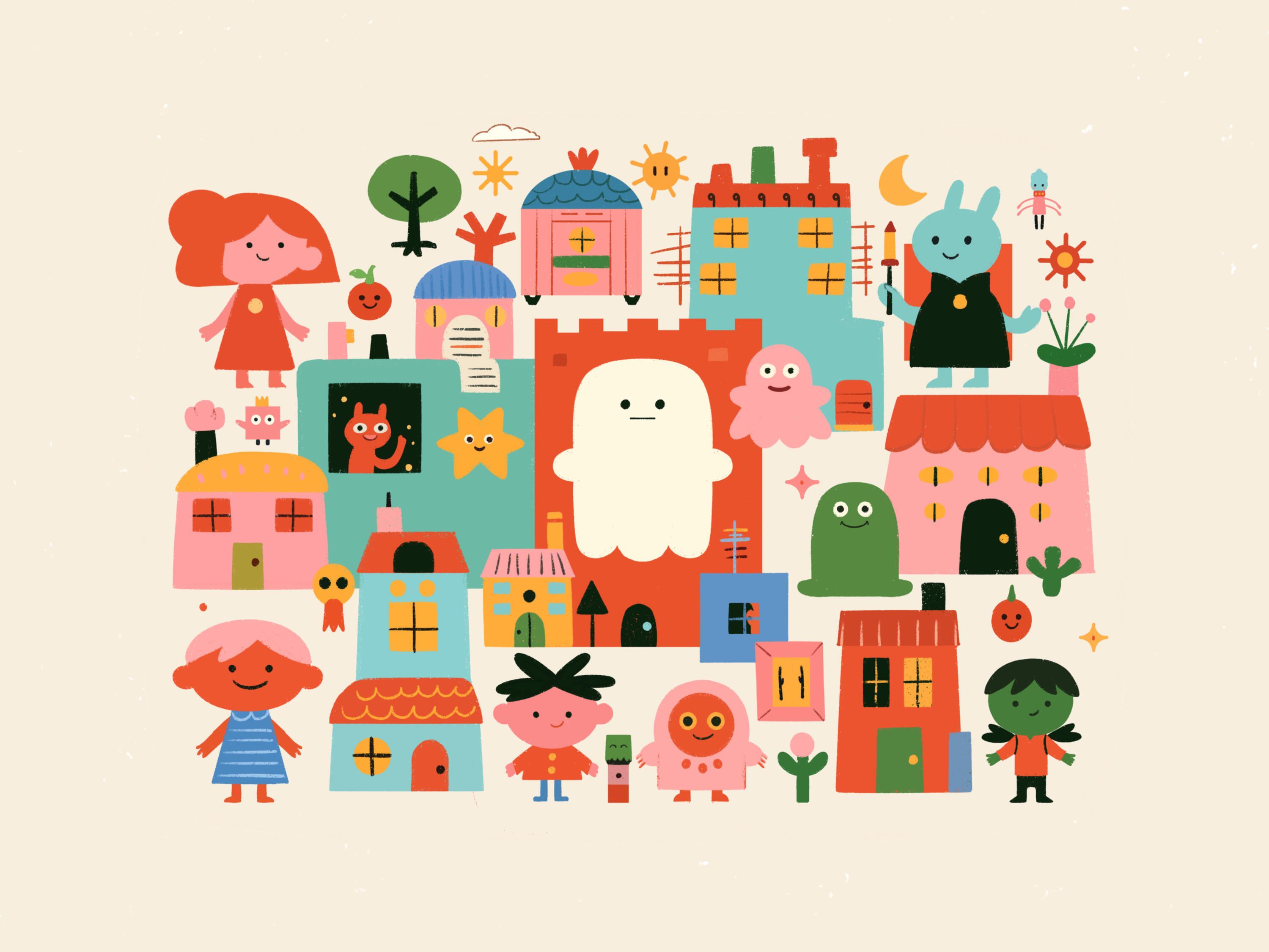 A Strange Place to Settle Down A whimsical illustrated village packed with colorful houses and friendly creatures. A large white ghost stands at the center among a castle, cottages, and townhouses in teal, pink, and red. by Prudence Moth Studio.