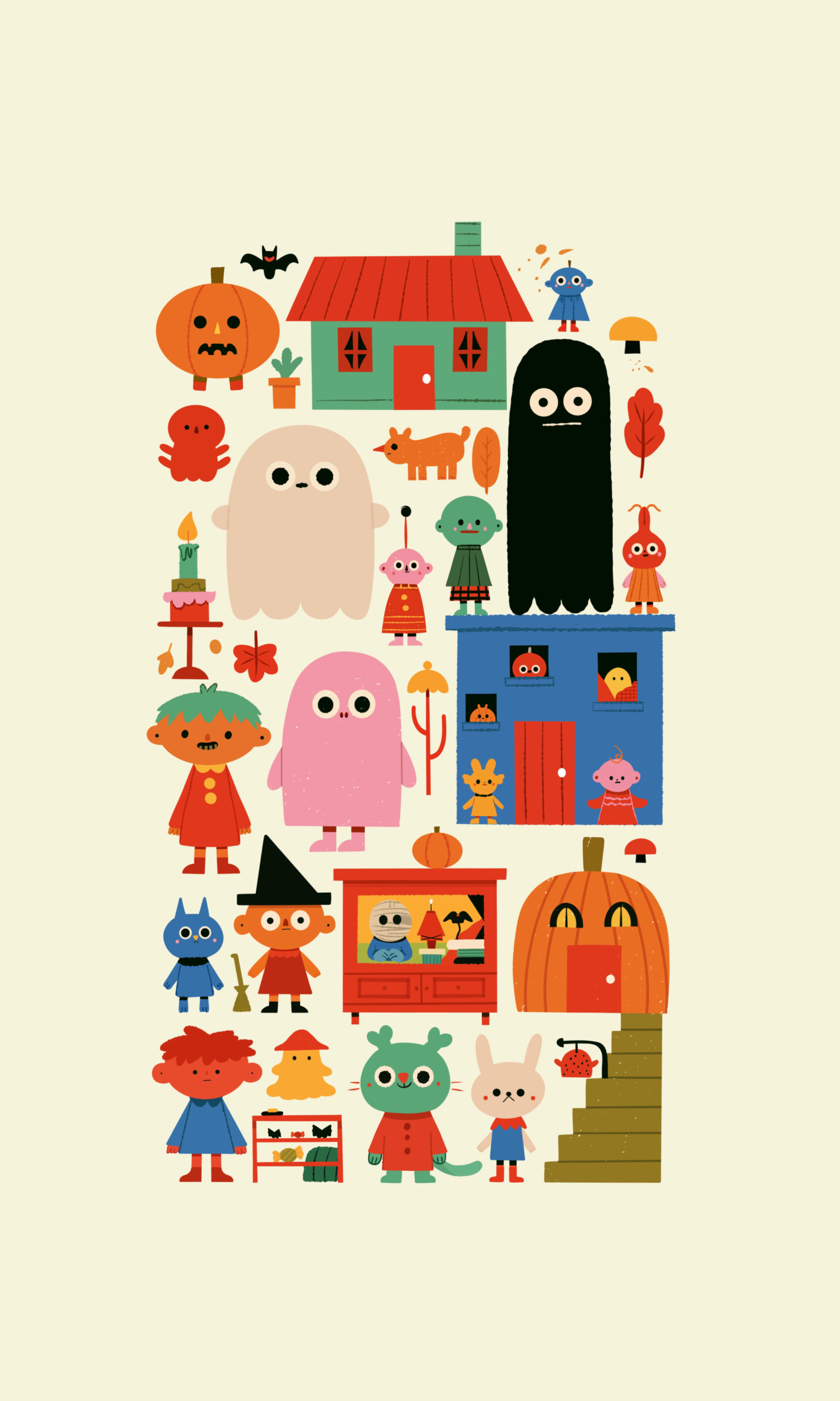 Who’s still awake A tall, busy illustration of Halloween characters and monsters against a cream background by Prudence Moth Studio.