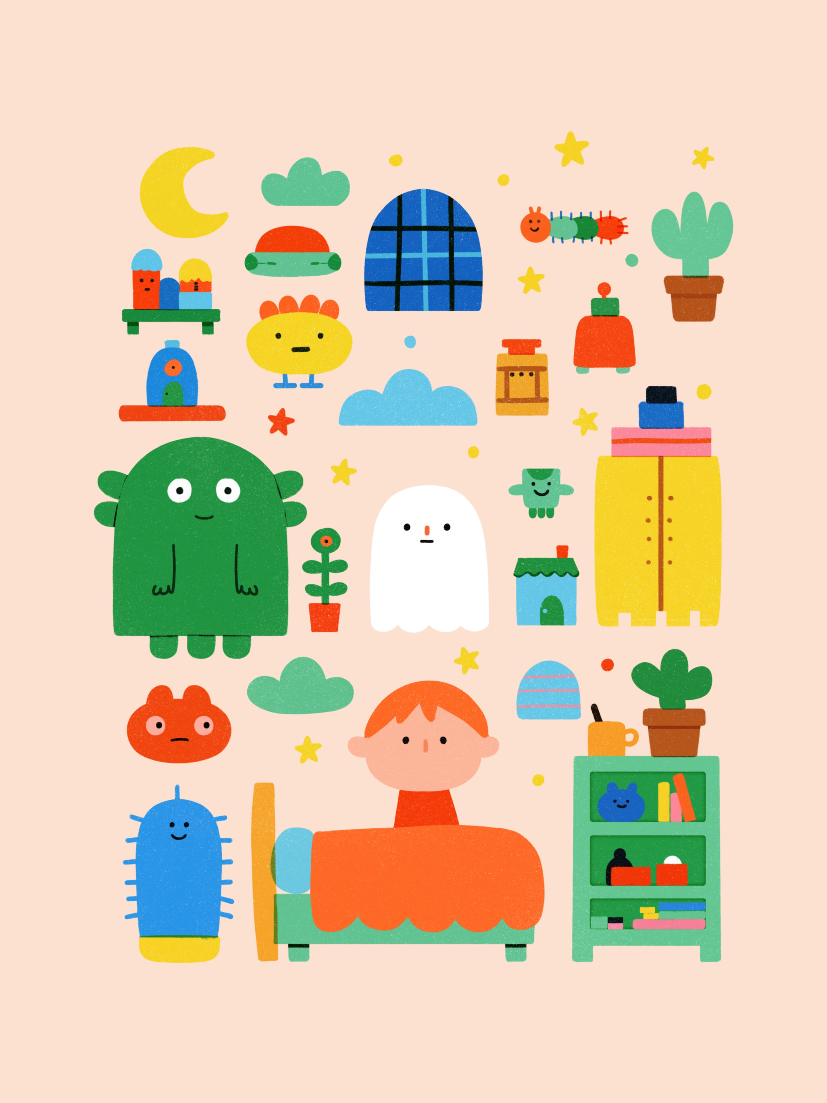 Whimsical children's book illustration in a flat graphic folk art style of a red-haired boy sitting in bed surrounded by friendly cute monsters, a ghost, plants, and colorful bedroom objects on a soft pink background by Prudence Moth Studio.
