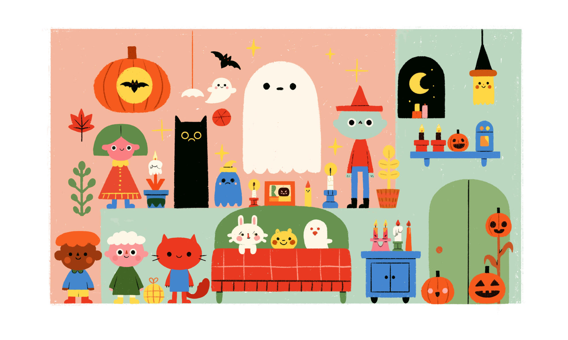 Who left the front door unlocked? A cozy Halloween living room scene packed with cute characters against pink and mint green walls. A large white ghost stands at the center, flanked by a tall black cat and a green witch in a red pointy hat by Prudence Moth Studio.