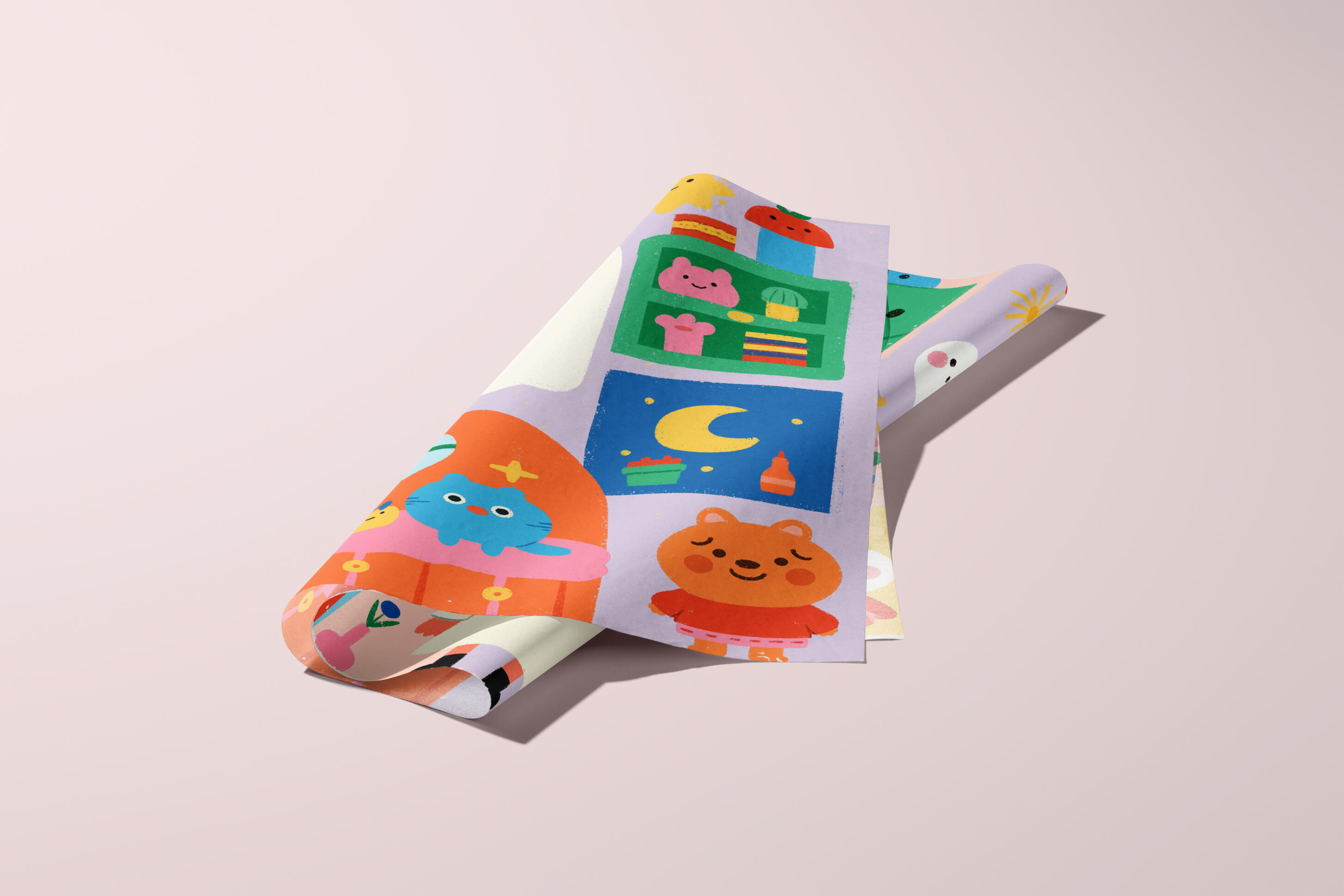 Art Prints & Posters A softly curled art print resting on a pink surface, showing a colorful children’s illustration with a green shelf of toys, a blue night-sky panel with a crescent moon, a blue cat, and a sleepy orange bear by Prudence Moth Studio.