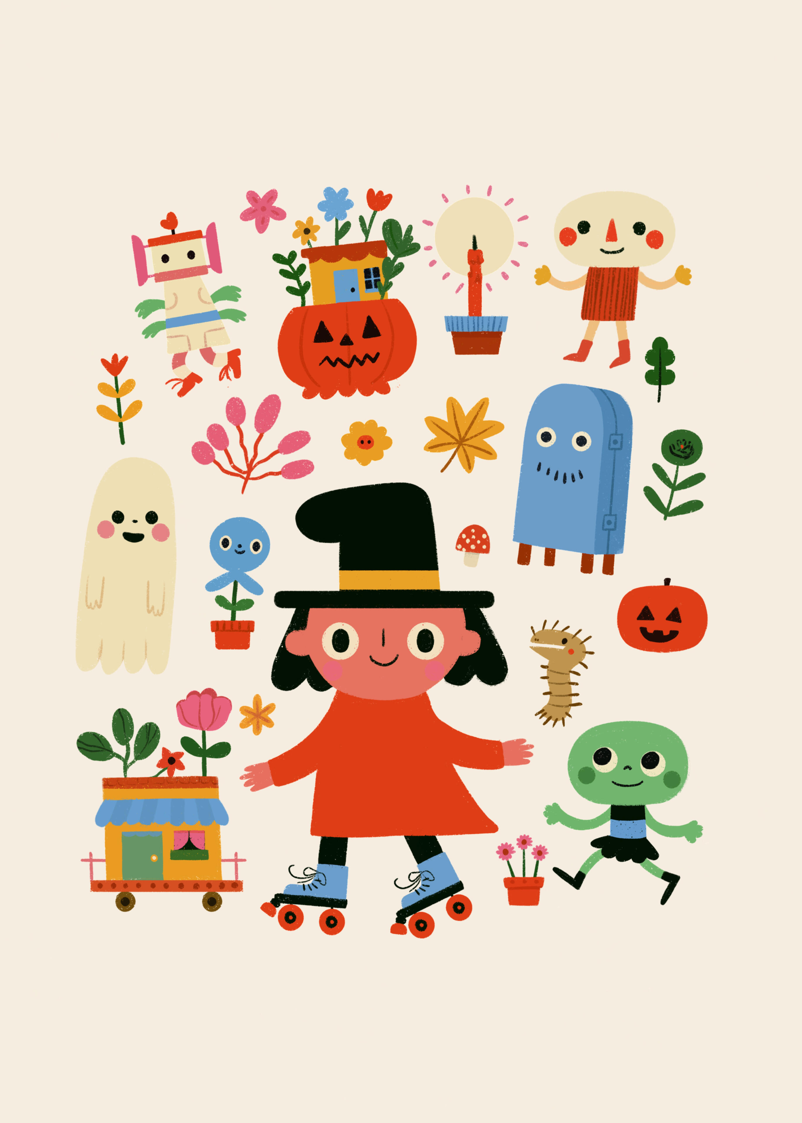A cheerful Halloween illustration centered on a smiling witch in a red dress and tall black hat, gliding along on blue roller skates. She’s surrounded by friendly creatures and seasonal objects by Prudence Moth Studio.